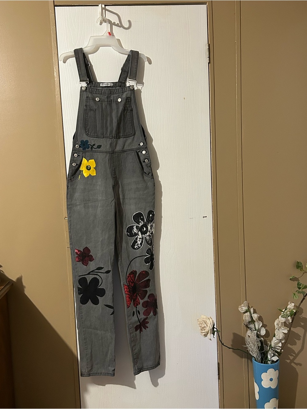 Women's Gray Floral  Denim Overalls